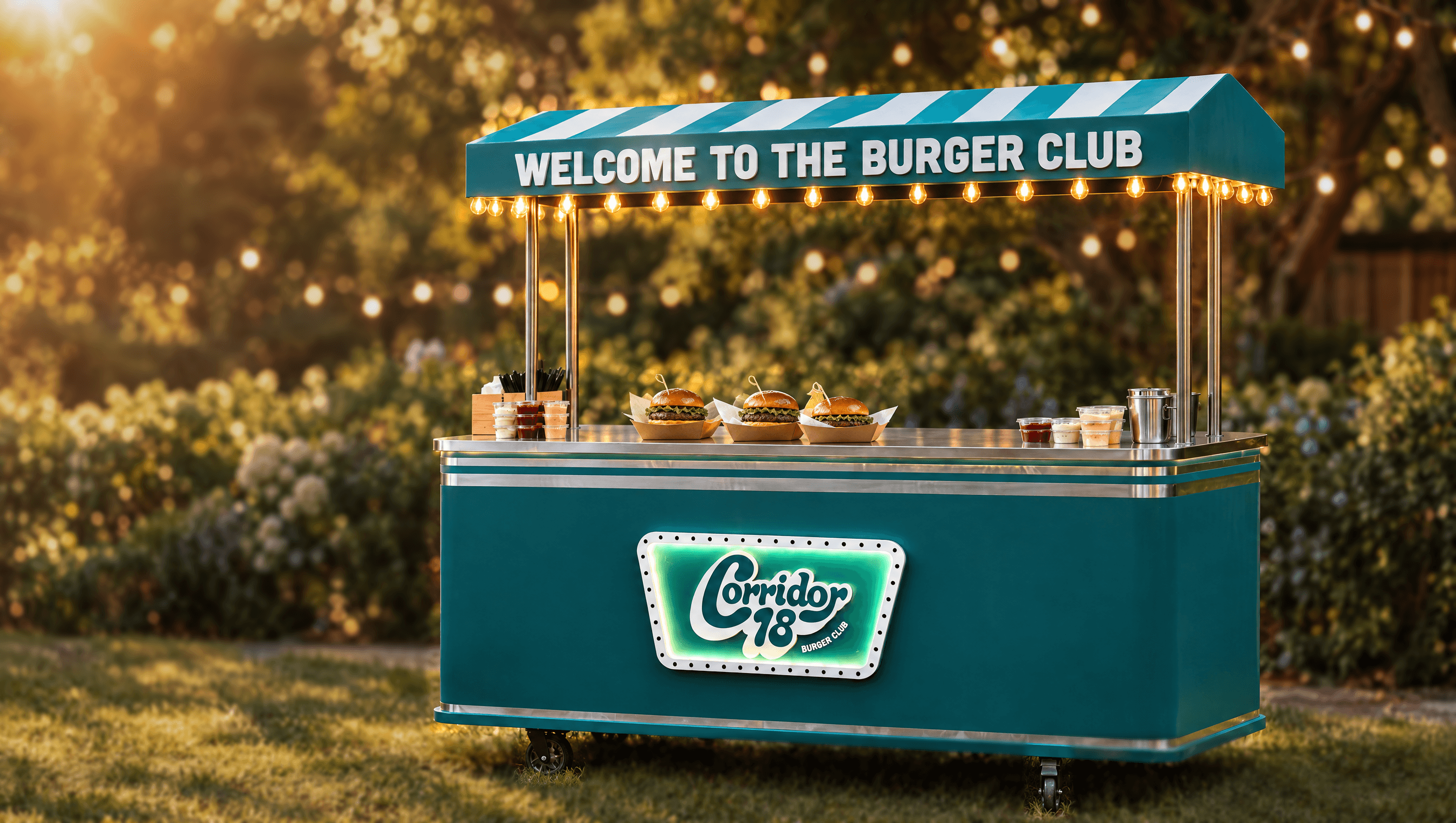 The Corridor 18 food cart on a lawn at golden hour: a teal counter under a striped awning strung with lit marquee bulbs, "Welcome to the Burger Club" across the awning, an illuminated Corridor 18 Burger Club sign on the front panel, and cheeseburgers in paper trays on the stainless steel top.